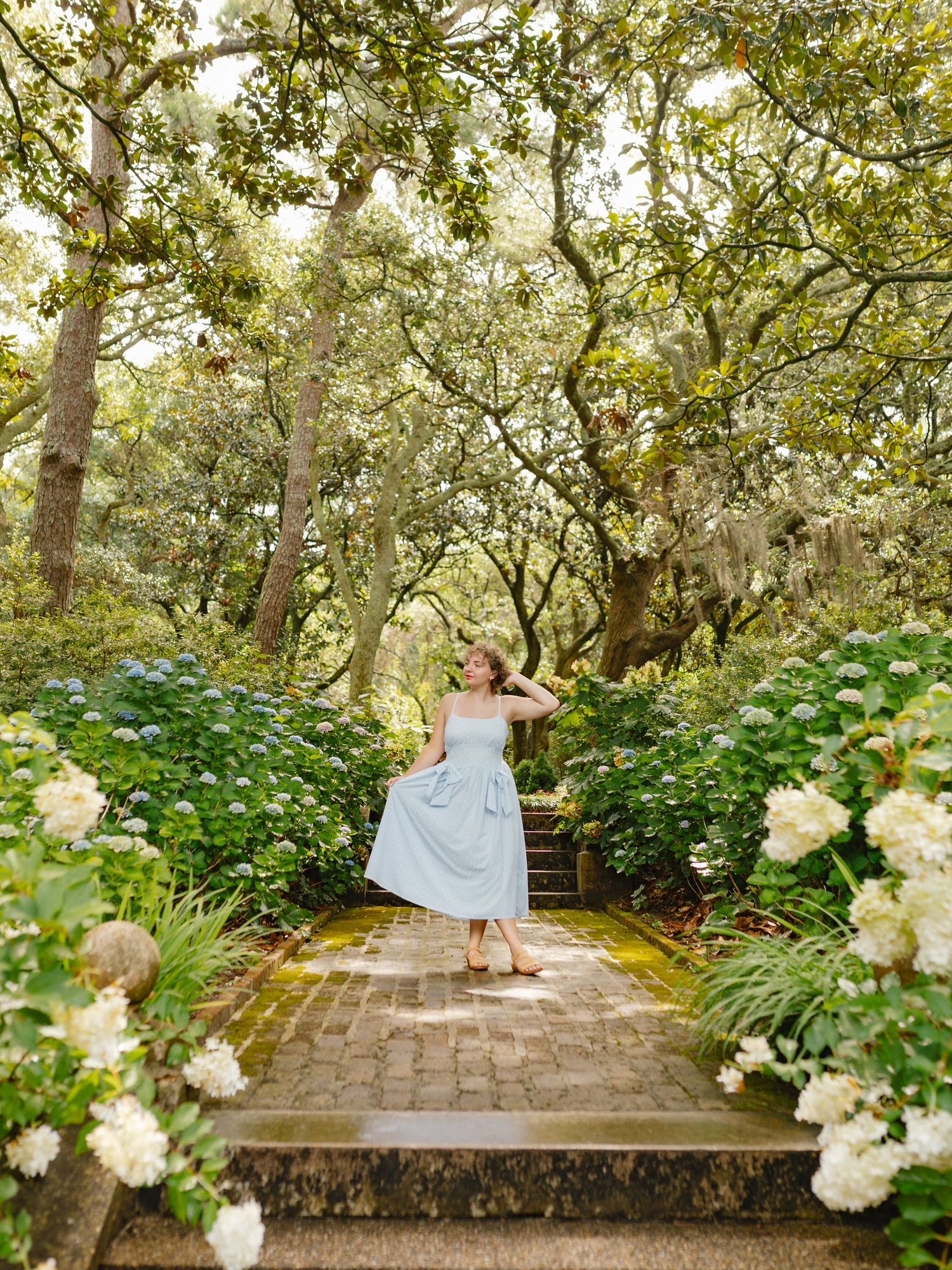 Garden path with white flowers and brick wall under tree canopy.