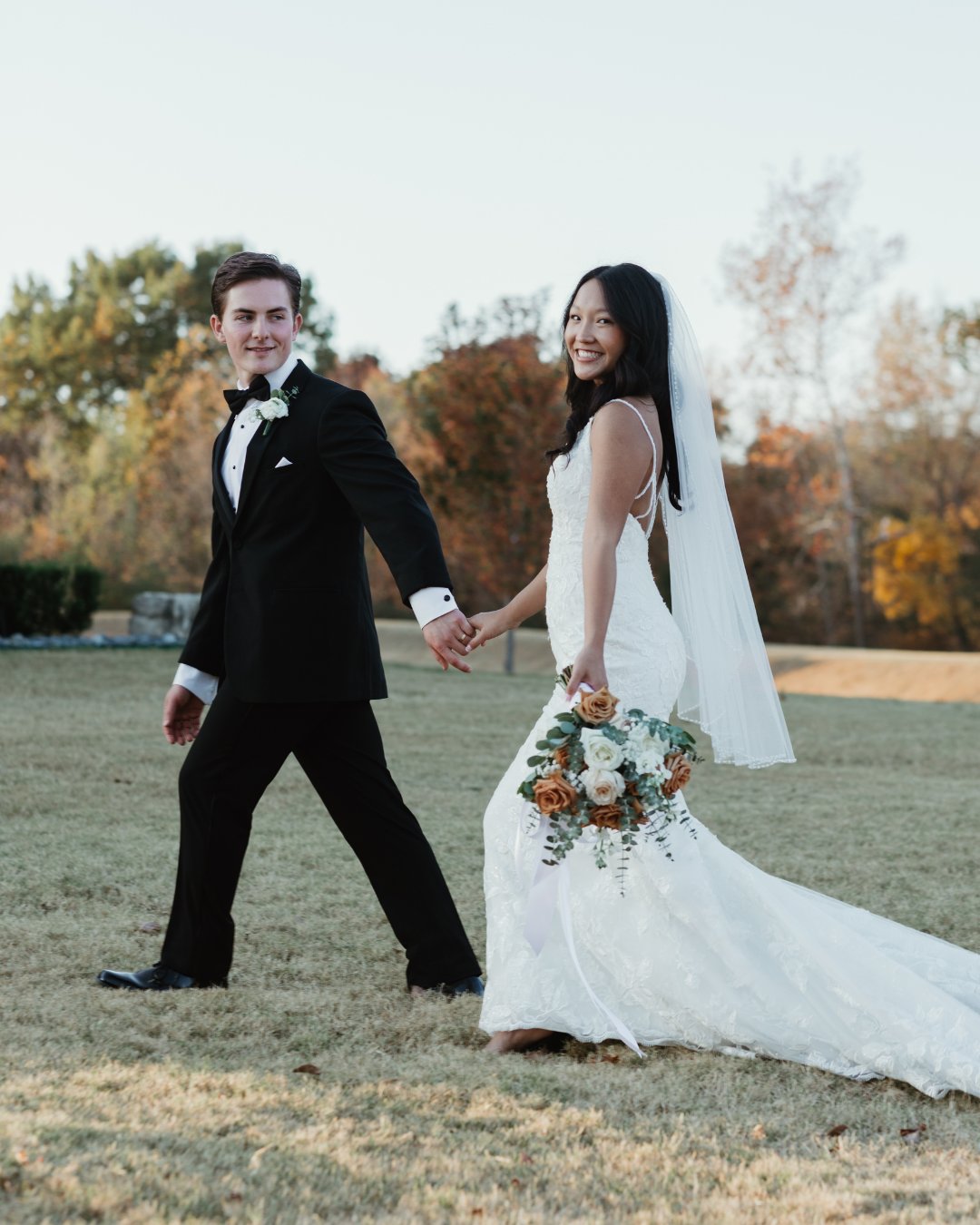 A sequence of wedding photos shows a couple's playful leg poses outdoors with blue flowers and a flowing white dress.