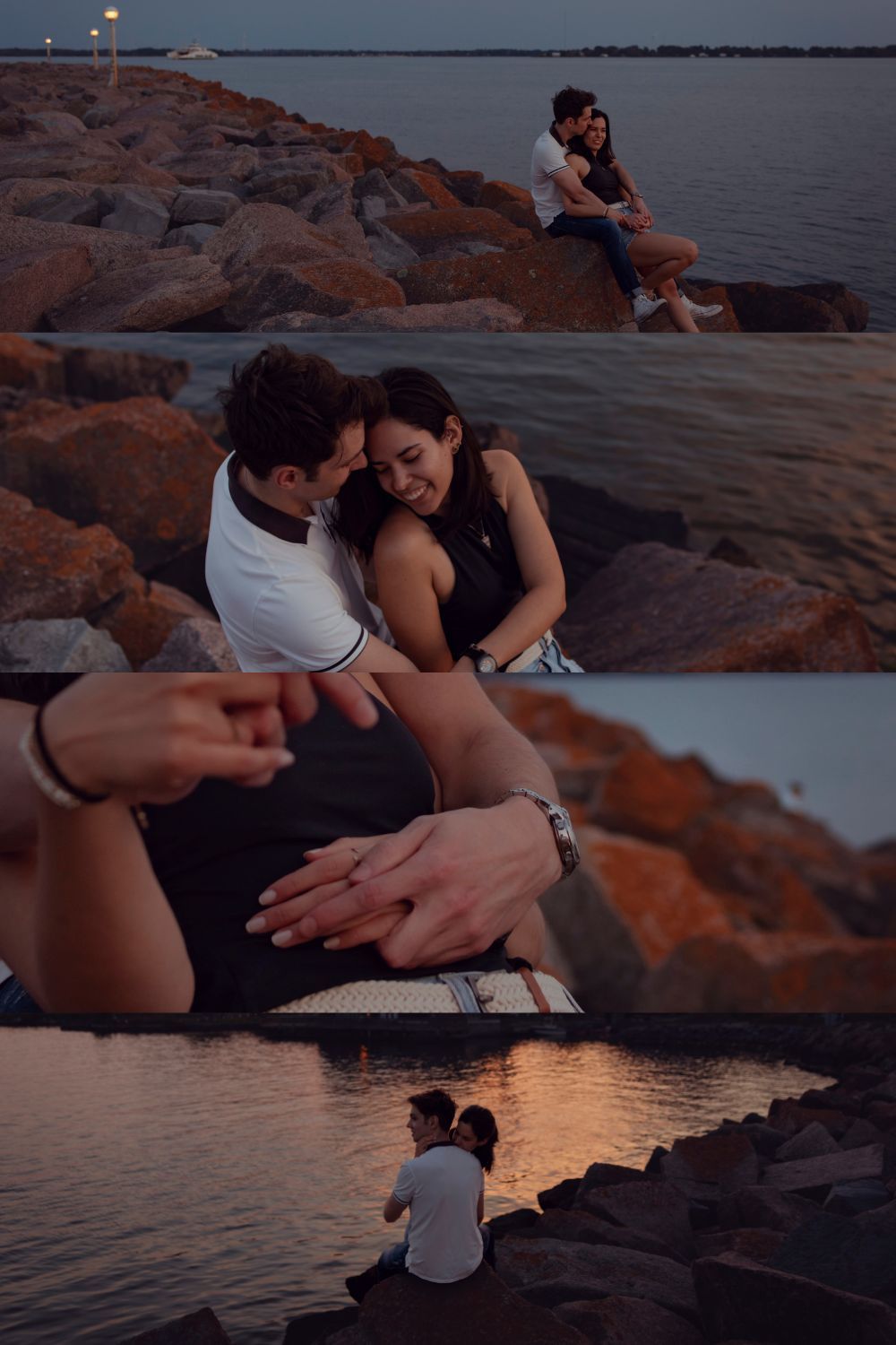 Couple sitting close together on rocks by the water at twilight in Kingston, Ontario, during a cinematic narrative photoshoot. Lumenali