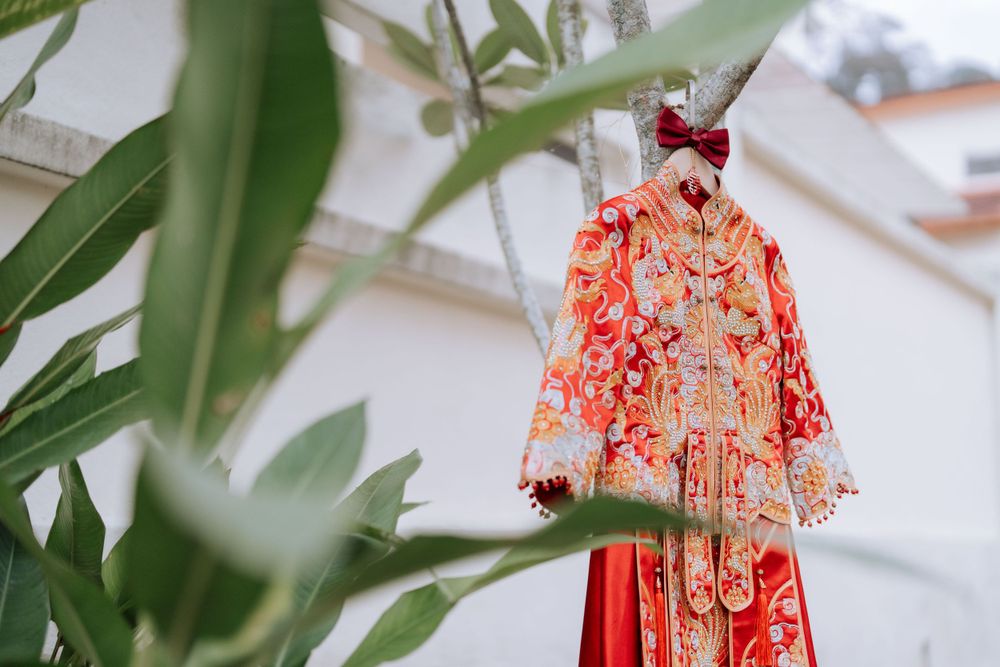 Traditional red Chinese wedding dress with intricate embroidery hanging against green foliage.