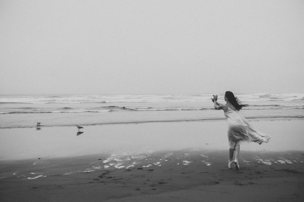 A silhouetted figure with flowing dress stands on a misty beach at sunset with seagulls nearby.