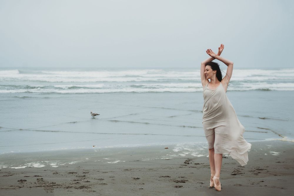 A figure in a flowing white dress dances elegantly on a misty beach while a seagull wanders nearby.
