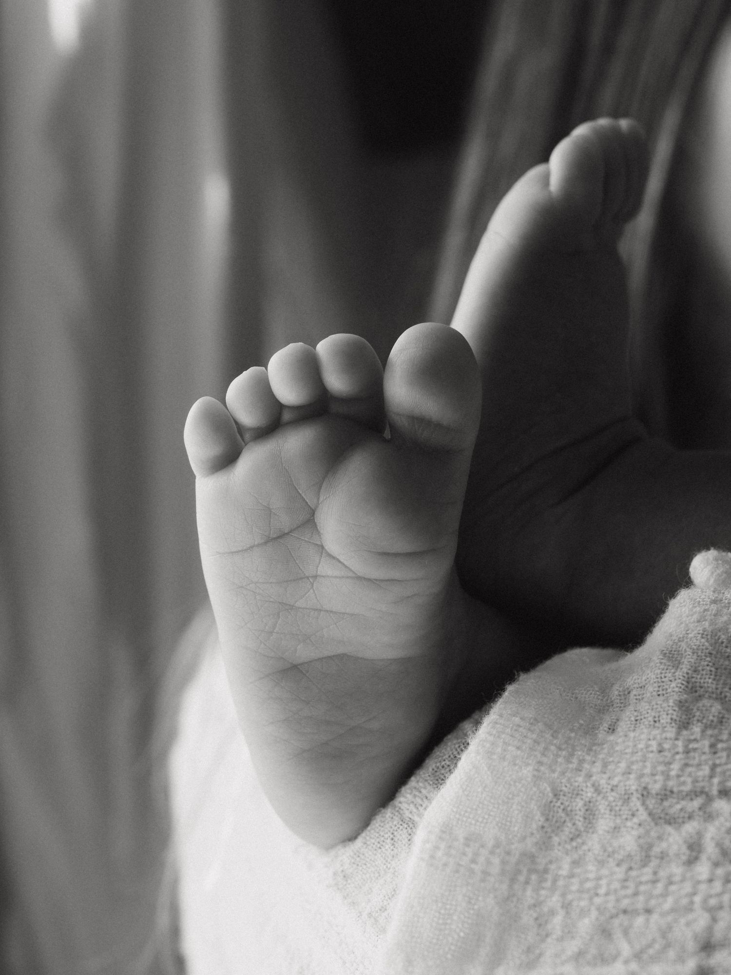 A series of black and white photos showing tiny baby feet and toes against a soft white background.