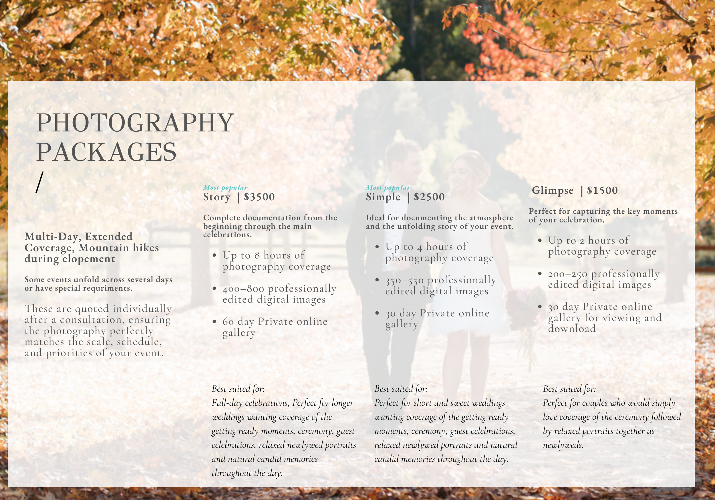 Photography packages and session pricing menu with bridge backdrop.