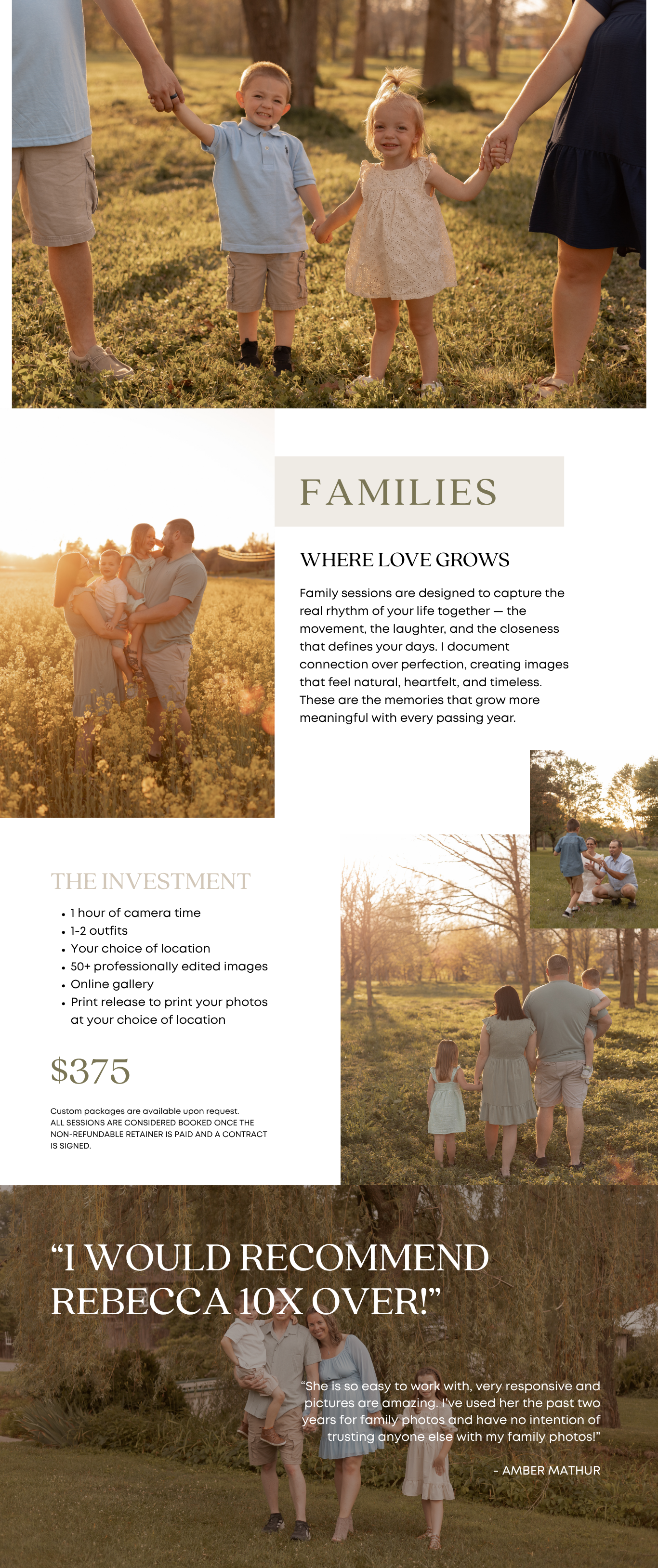 A collection of family photography marketing materials showing outdoor photo sessions and pricing information.