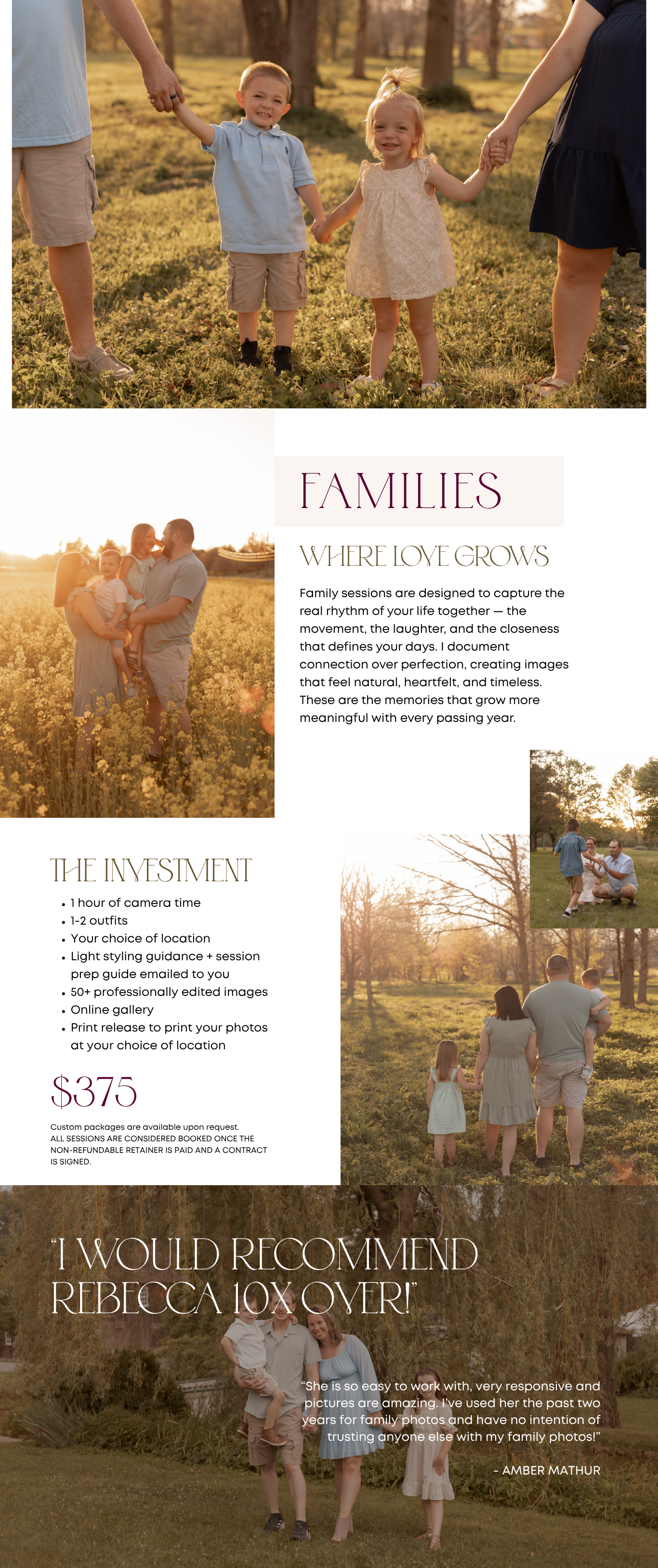 A collection of family photography marketing materials showing outdoor photo sessions and pricing information.