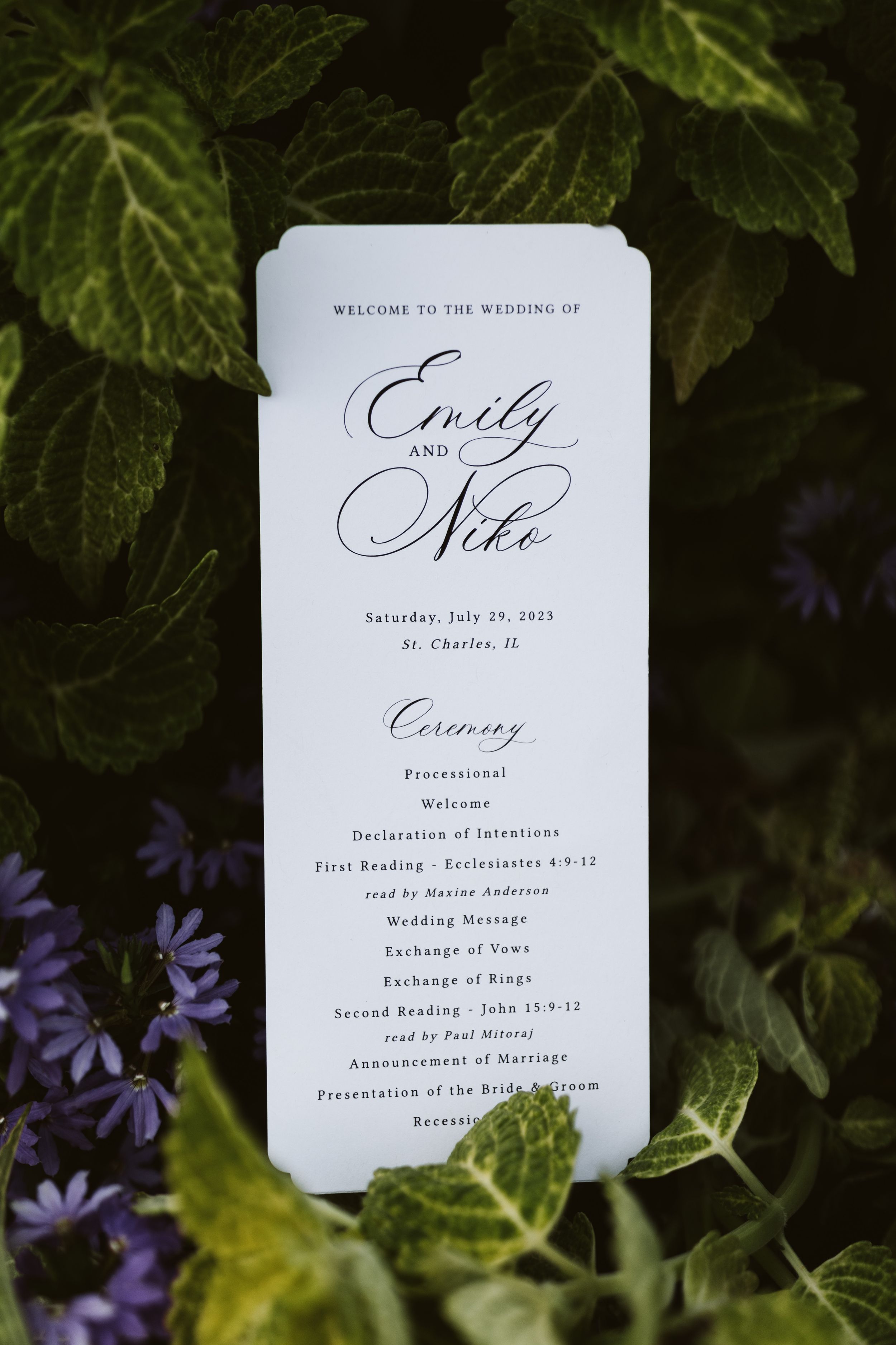 Elegant wedding invitation details artfully photographed among purple flowers and green foliage.