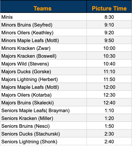 Team photo schedule for Tuesday October 7th showing youth sports teams.