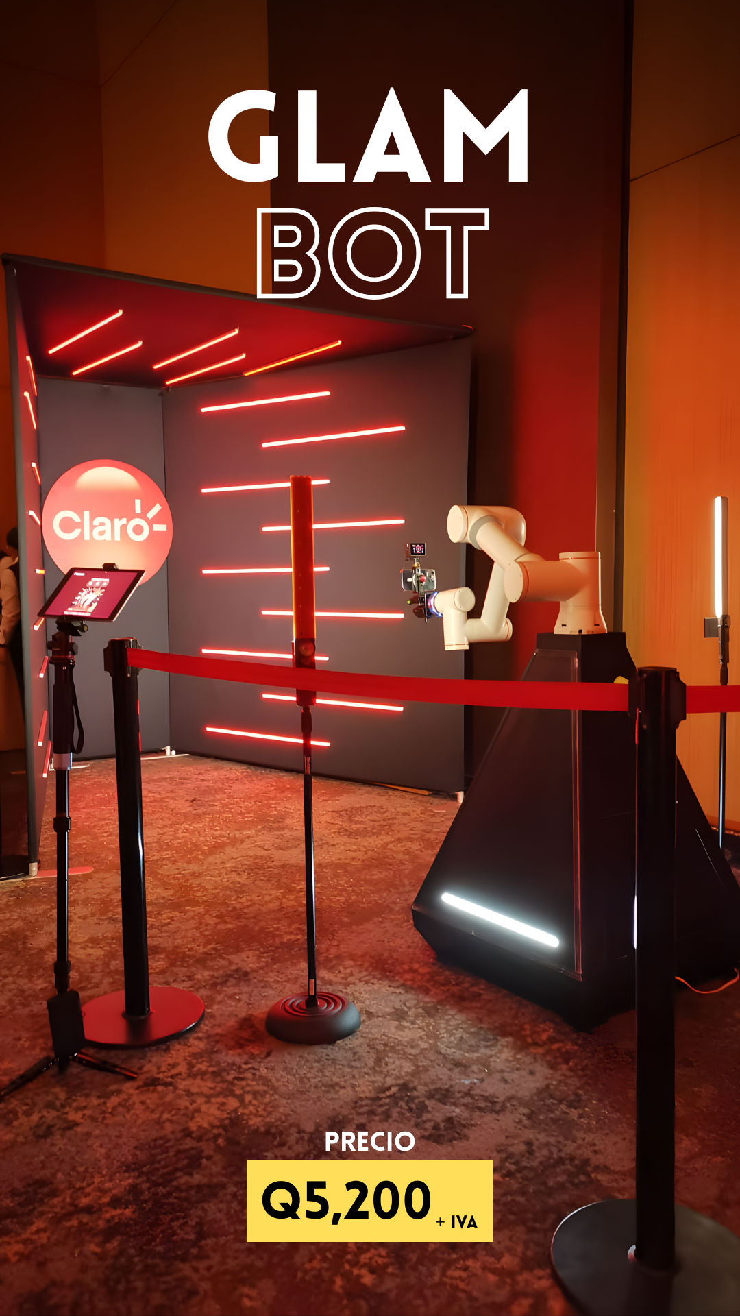 Glam Bot con brazo robótico grabando video cinematográfico estilo Oscars en evento premium