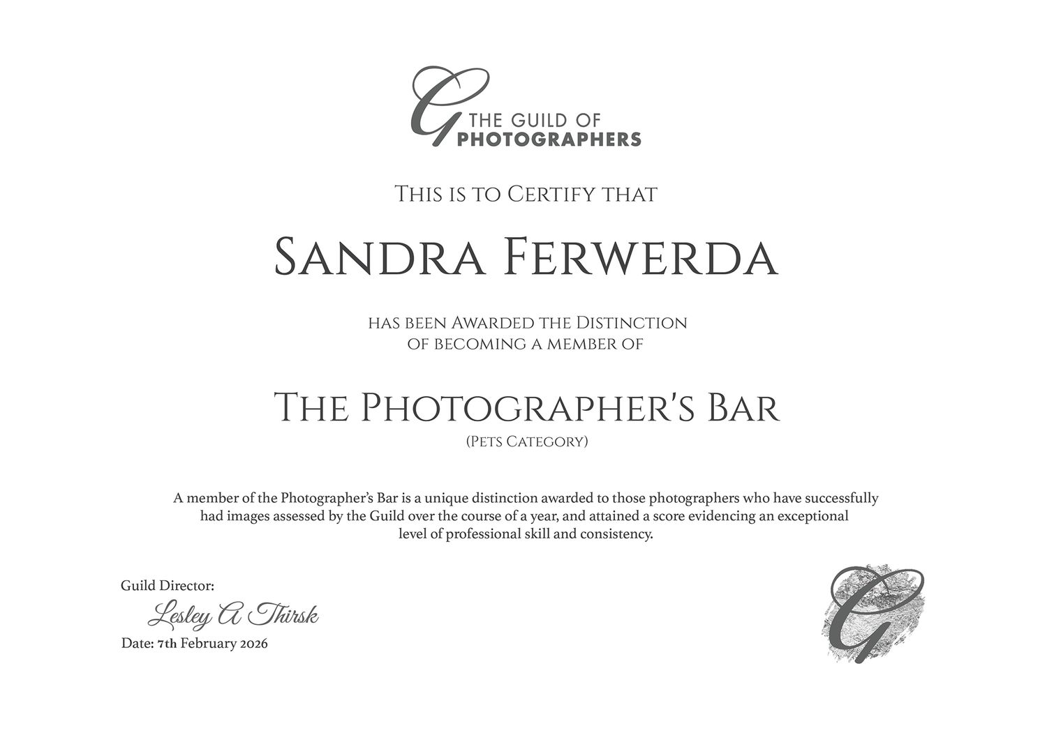 A row of five professional photography certification badges and logos displayed in monochrome.