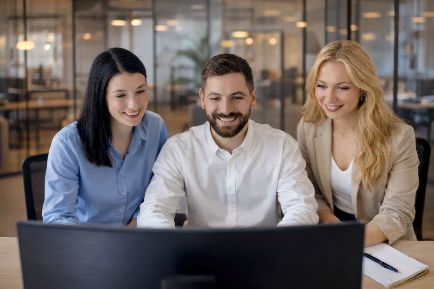 Business colleagues collaborate and smile while reviewing documents together in a modern office setting.