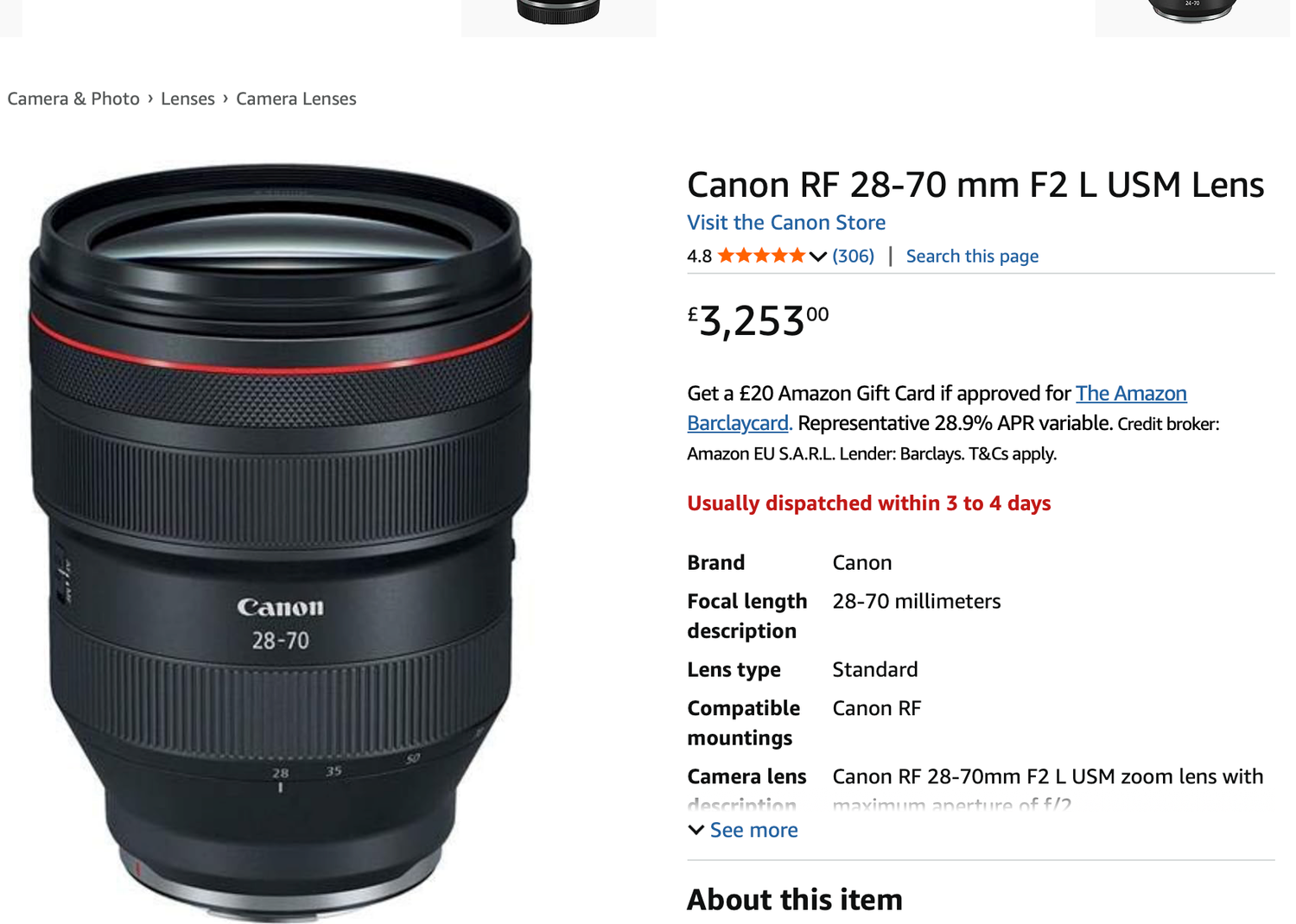Canon RF 28-70mm F2 L USM professional zoom lens product listing shown on e-commerce website with price and details.
