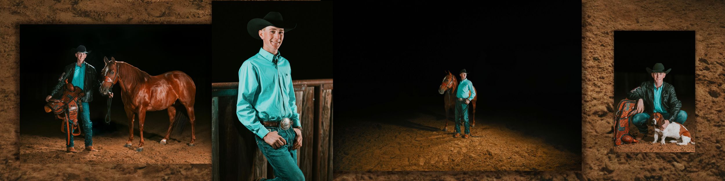 A series of small thumbnail images showing horses and riders performing in an equestrian arena at night.