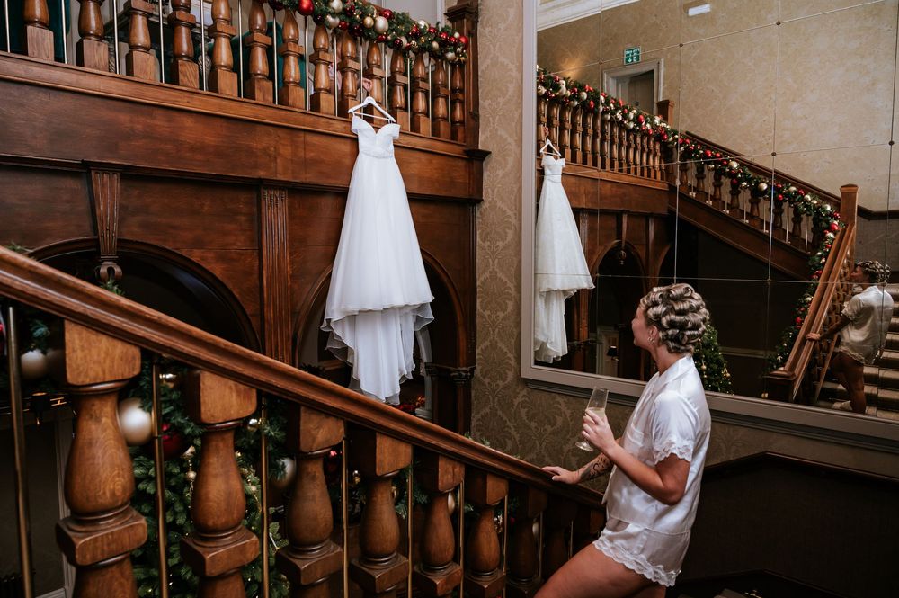 A series of five wedding photos showing a couple in traditional attire at a rustic wooden church venue.