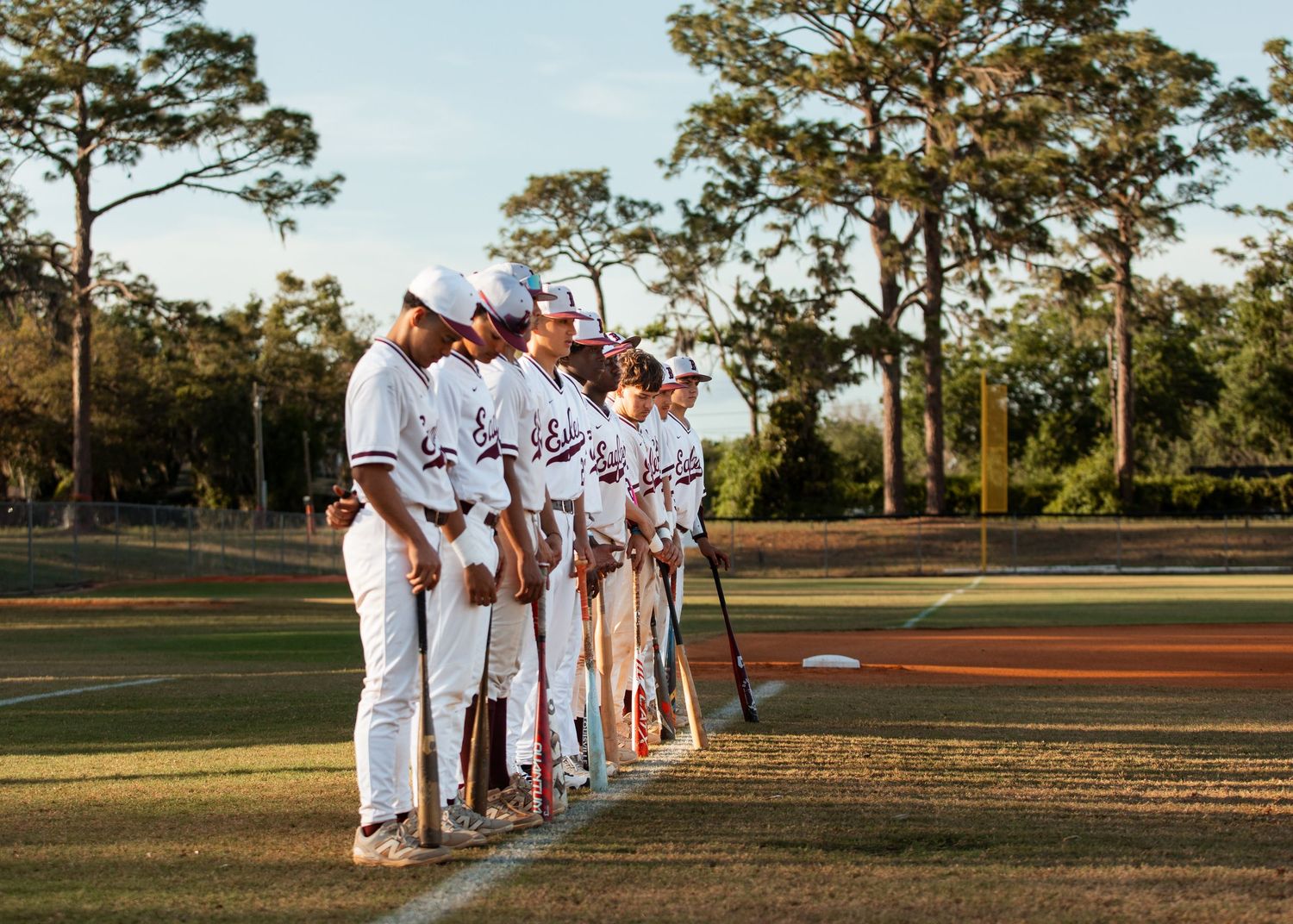 Brandon High School Baseball team standing together for senior night celebration in Brandon, Florida.