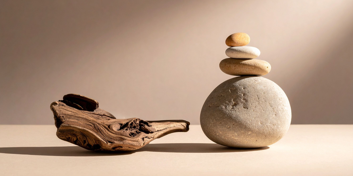 Zen-inspired composition with stacked stones and natural elements creating a peaceful balance against a warm beige background.