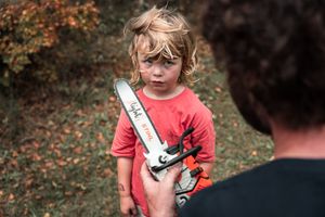A series of candid photos showing a child in a red t-shirt playing outdoors in a natural setting.