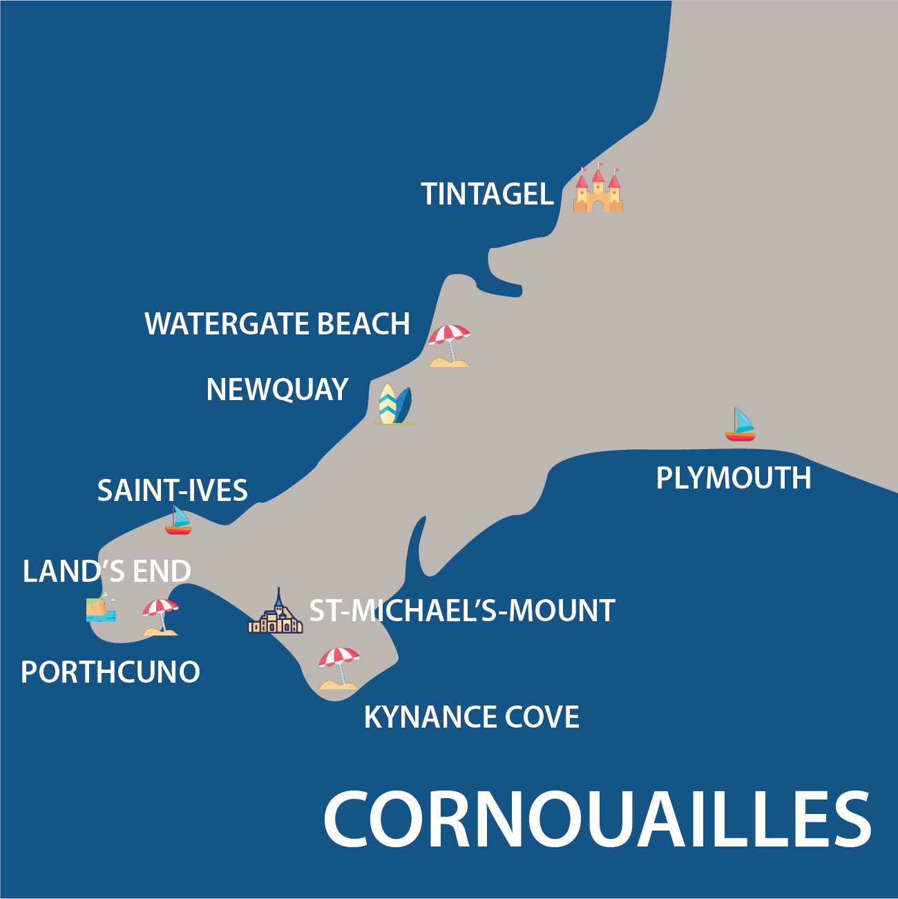 carte des cornouailles avec points d'intêrets, plages, villages, chateau, promenades