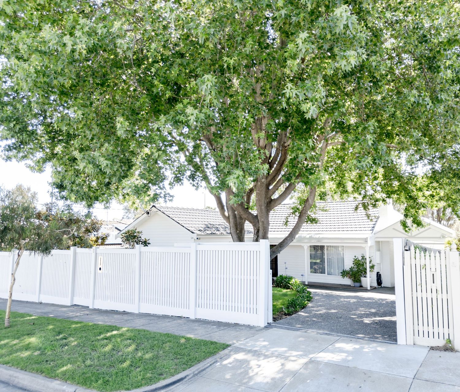 White house with picket fence and large tree visible through entrance gate.