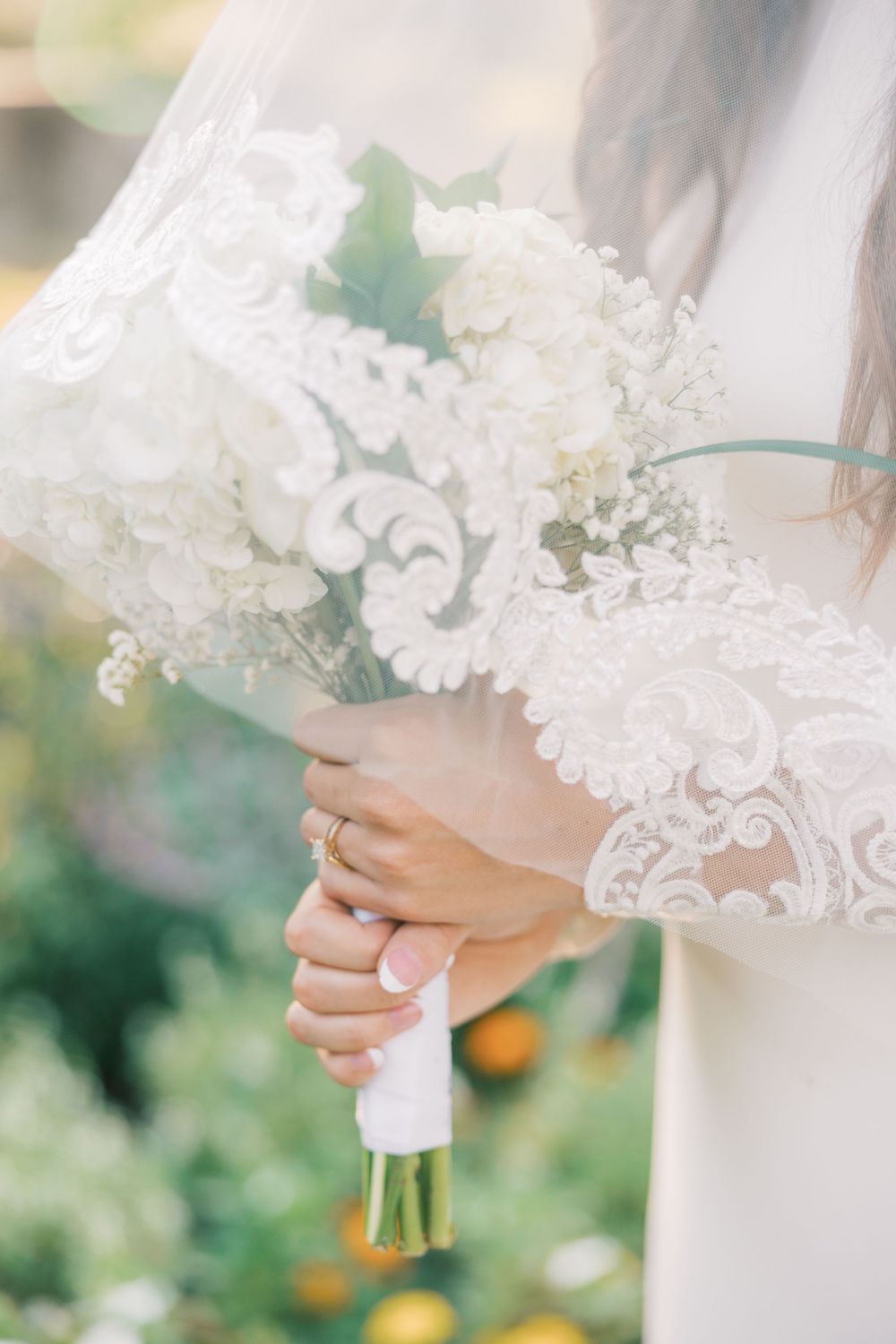 Close-up of white hydrangea bouquet and lace sleeve detail with wedding ring.