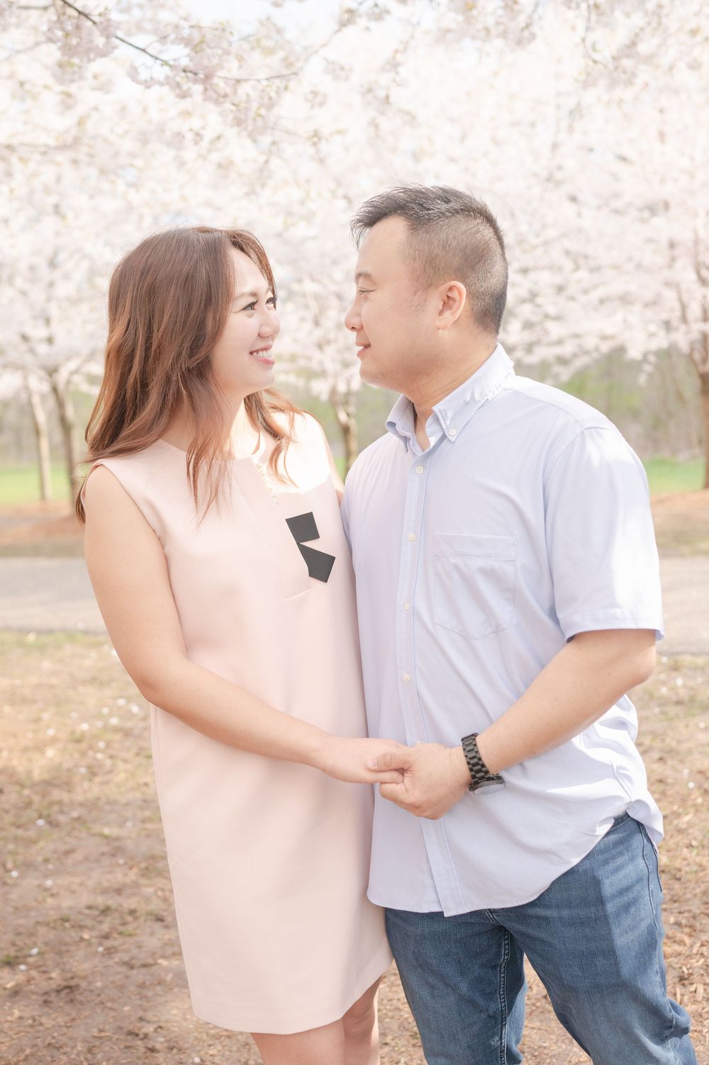 A couple shares a loving moment together under blooming cherry blossom trees in a springtime outdoor setting.