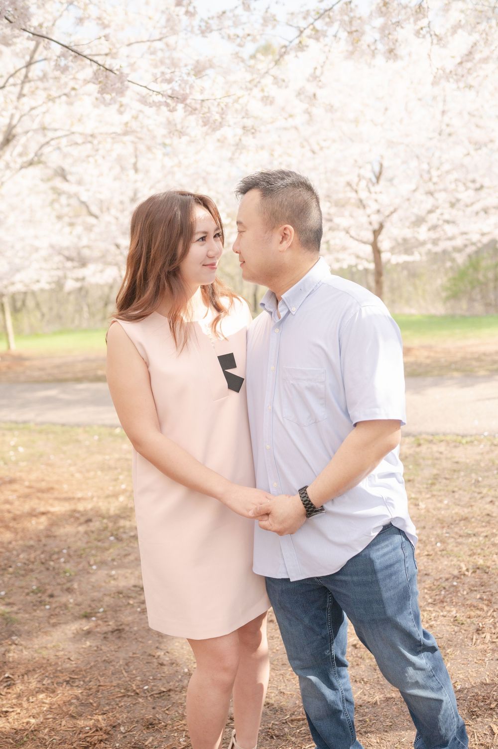 A couple shares a romantic moment under blooming cherry blossom trees in a spring park setting.