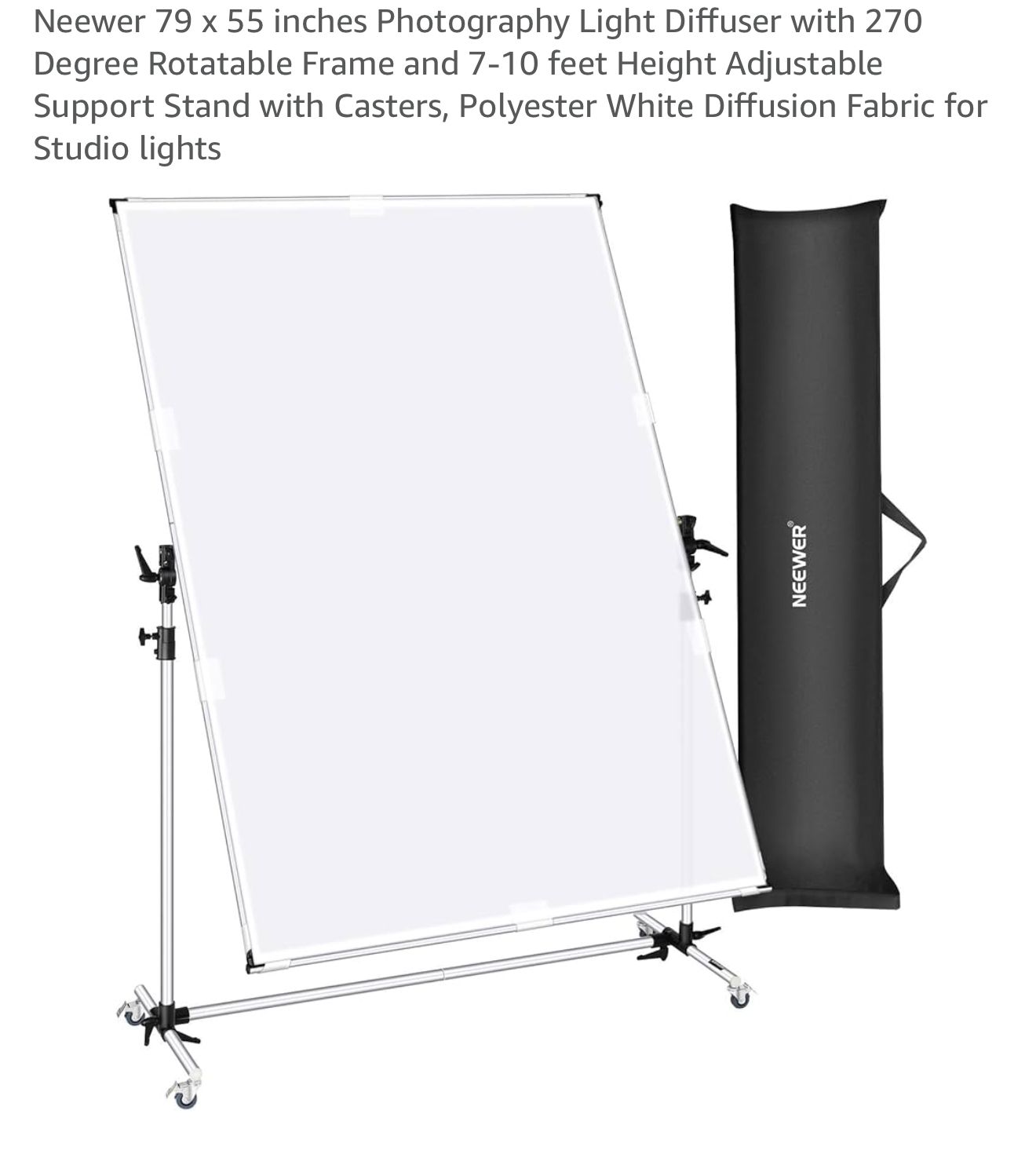 Photography light diffuser with 79x55 inch white fabric panel and adjustable height stand with wheels and carrying case.