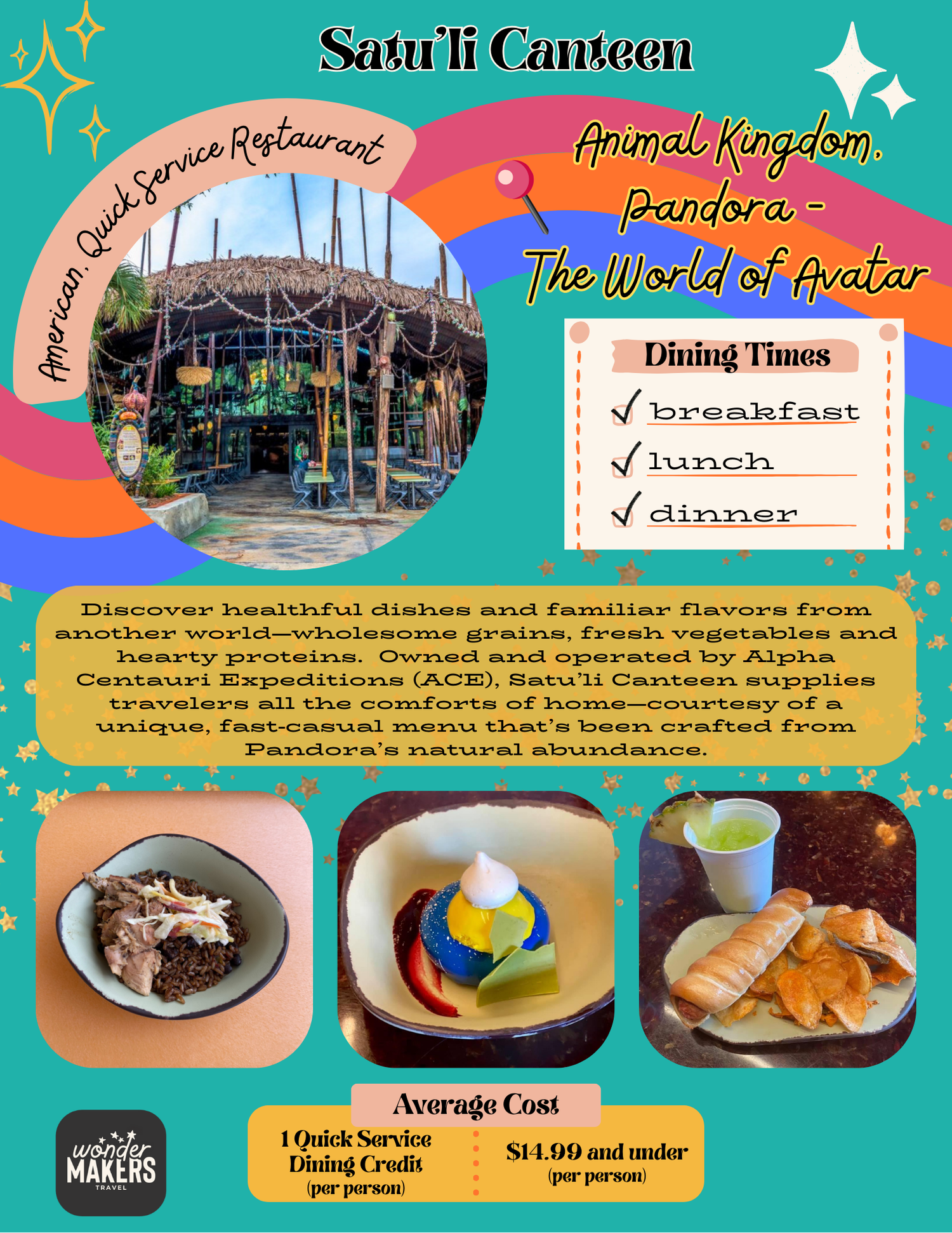 A vibrant restaurant menu design featuring colorful graphics, dining photos, and operating hours for Safari Canteen eatery.