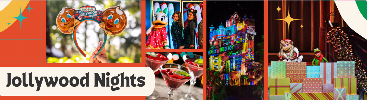 Promotional banner for Jollywood Nights event at Disney theme park featuring colorful nighttime scenes.