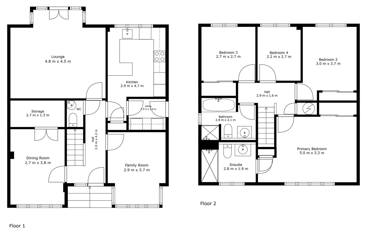 Two-story house floor plan showing layout with living areas downstairs and three bedrooms upstairs.