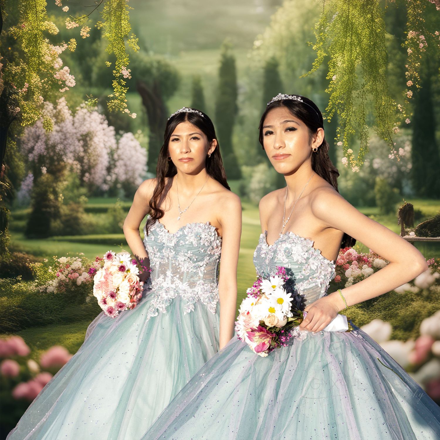 Two models in matching ice blue ball gowns holding floral bouquets in enchanted garden setting.