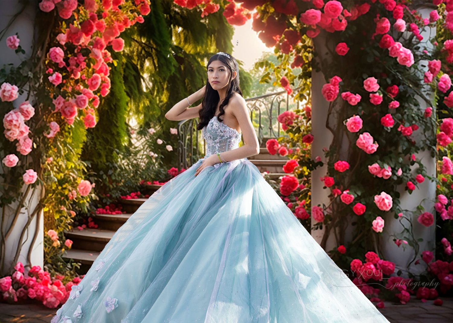 Ethereal light blue ball gown photographed under rose-covered arch during sunset.