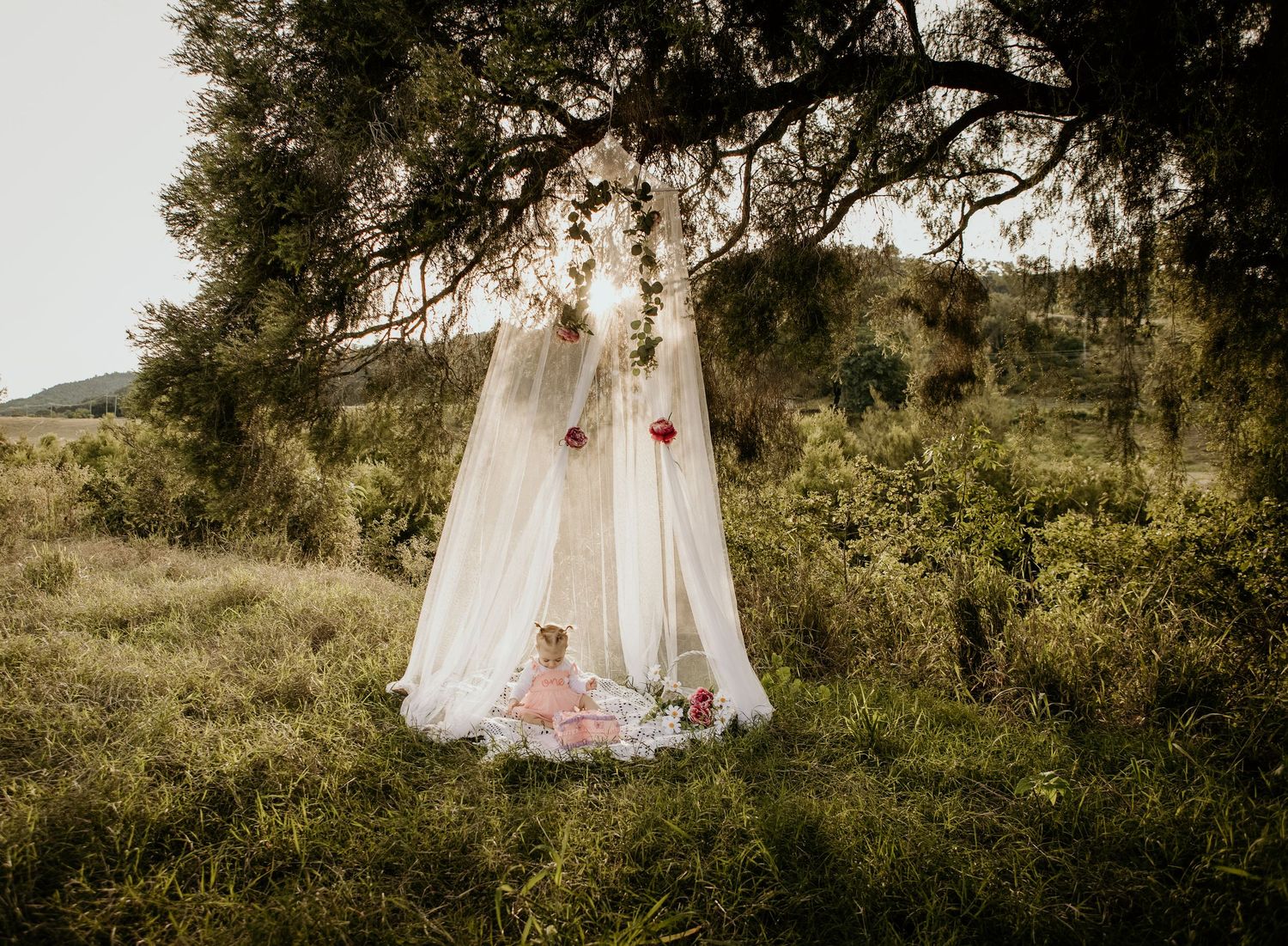 Dreamy outdoor cake smash with net