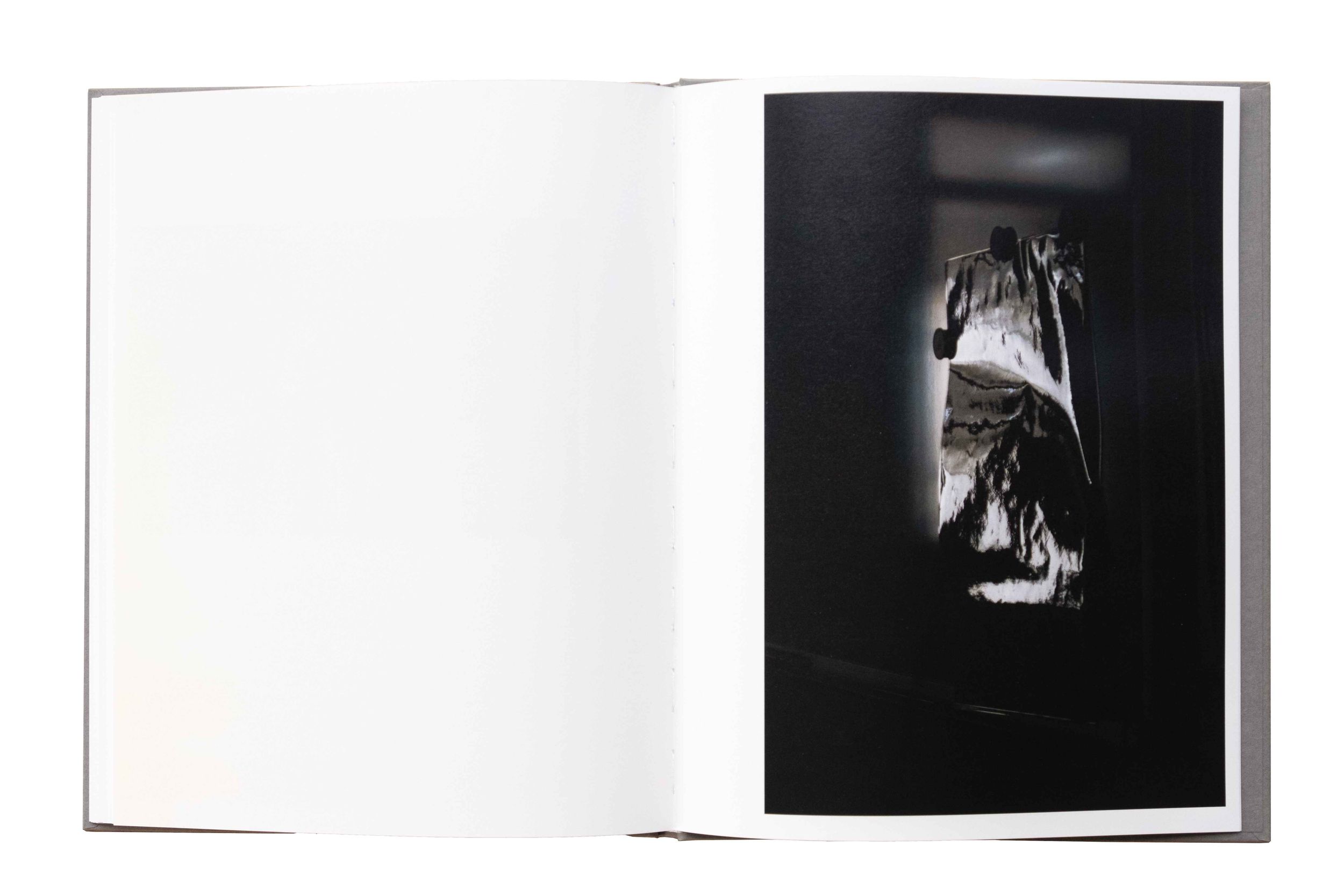 Pages of a black and white photography book showing moody artistic portraits and images.