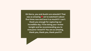 A dark green chat bubble containing a gratitude message about listening and recommending services.