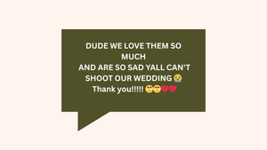Green chat bubble message showing excitement about a wedding shoot.