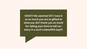 Text message bubble in olive green showing a complimentary message about storytelling ability and expressing gratitude.