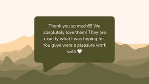 Three text message bubbles showing positive feedback and gratitude against a beige and green gradient background.