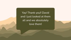 Text message chat showing an enthusiastic thank you message with a green bubble against a mountain landscape background.