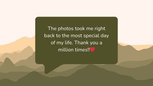 Text message expressing gratitude for photos on a scenic mountain background.