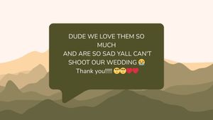 Text message conversation showing enthusiastic appreciation messages with mountain landscape background.