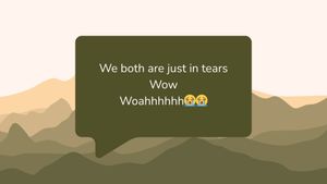 Text message bubble displaying 'We both are just in tears Wow Woahhhhhhh' with crying emojis on a mountain backdrop.