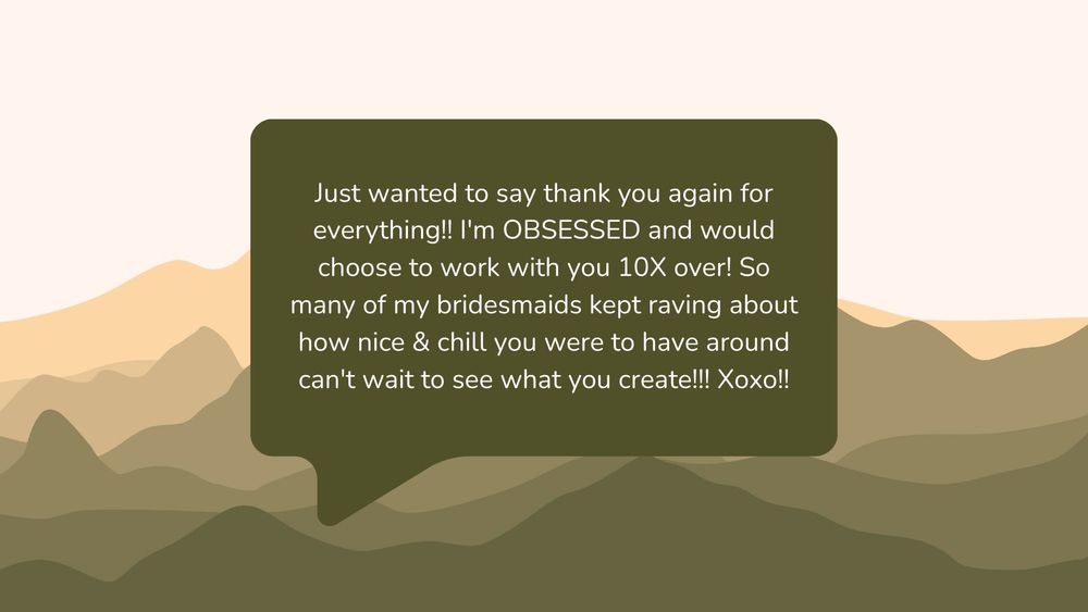 Dark green text message bubble on a beige background with mountains silhouettes.