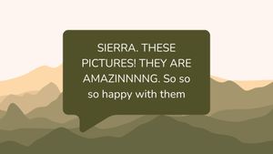 Multiple green text message bubbles displaying conversation against a mountain landscape backdrop.