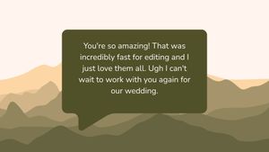 A text message bubble displays praise for editing speed against a mountainous landscape silhouette background.