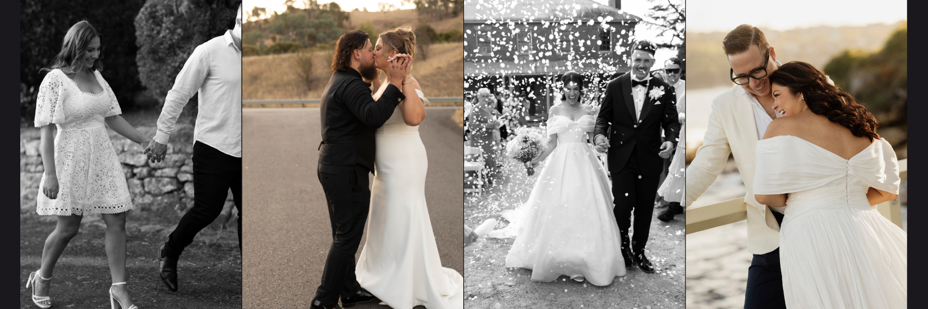 A collage of four wedding photos showing romantic couples in black and white and sepia tones.