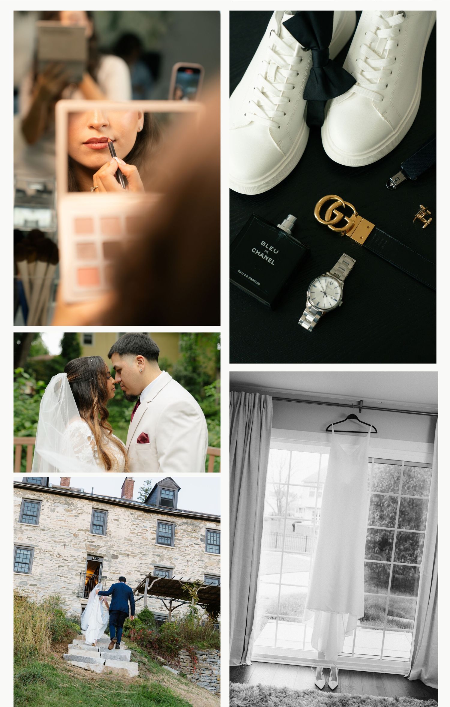 A collection of black and white wedding moments showing couples, details, celebration and an elegant high heel shoe.