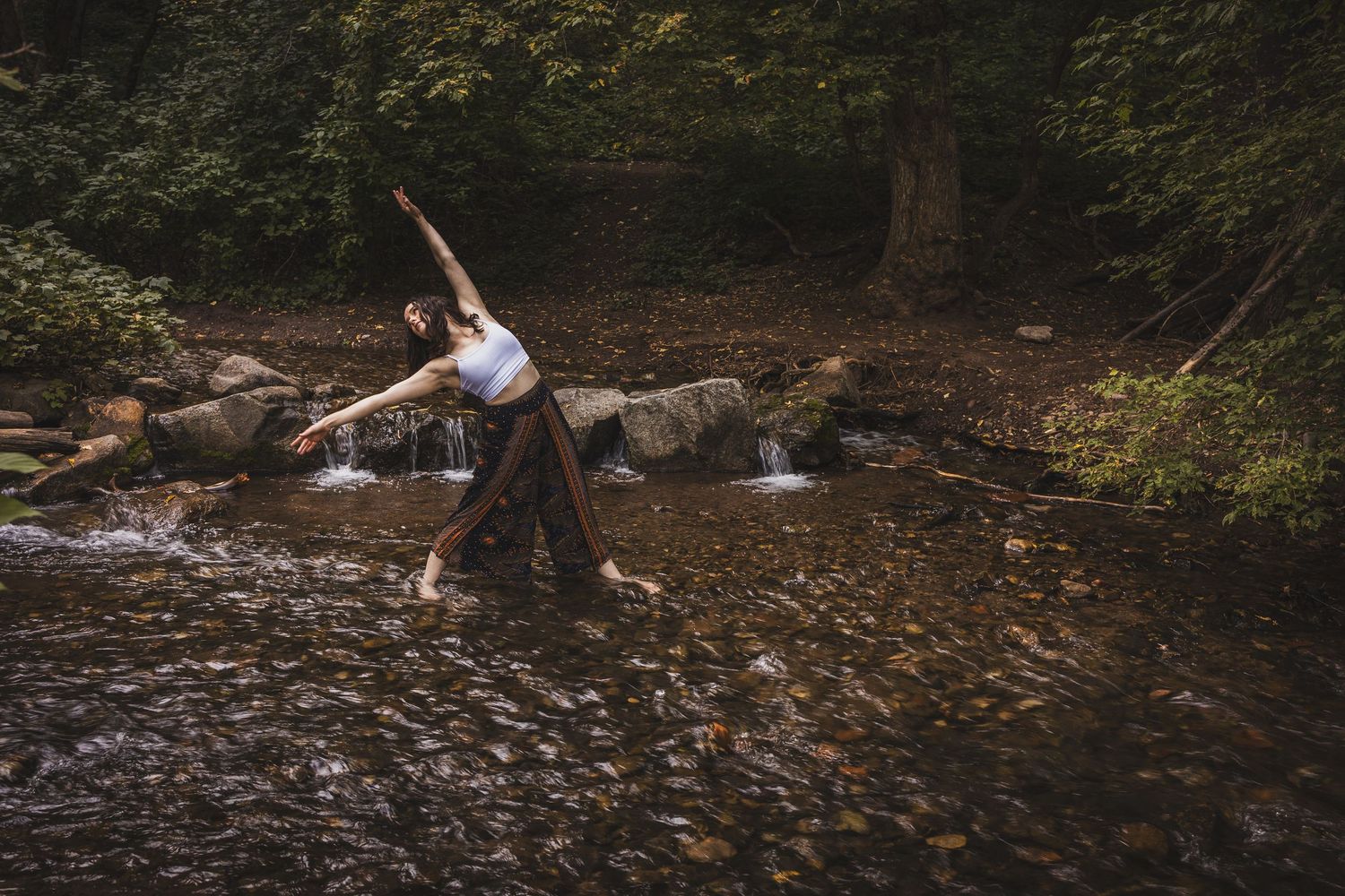 Nature portrait of a woman dancing gracefully in a flowing stream in a moody forest setting in Salt Lake City.