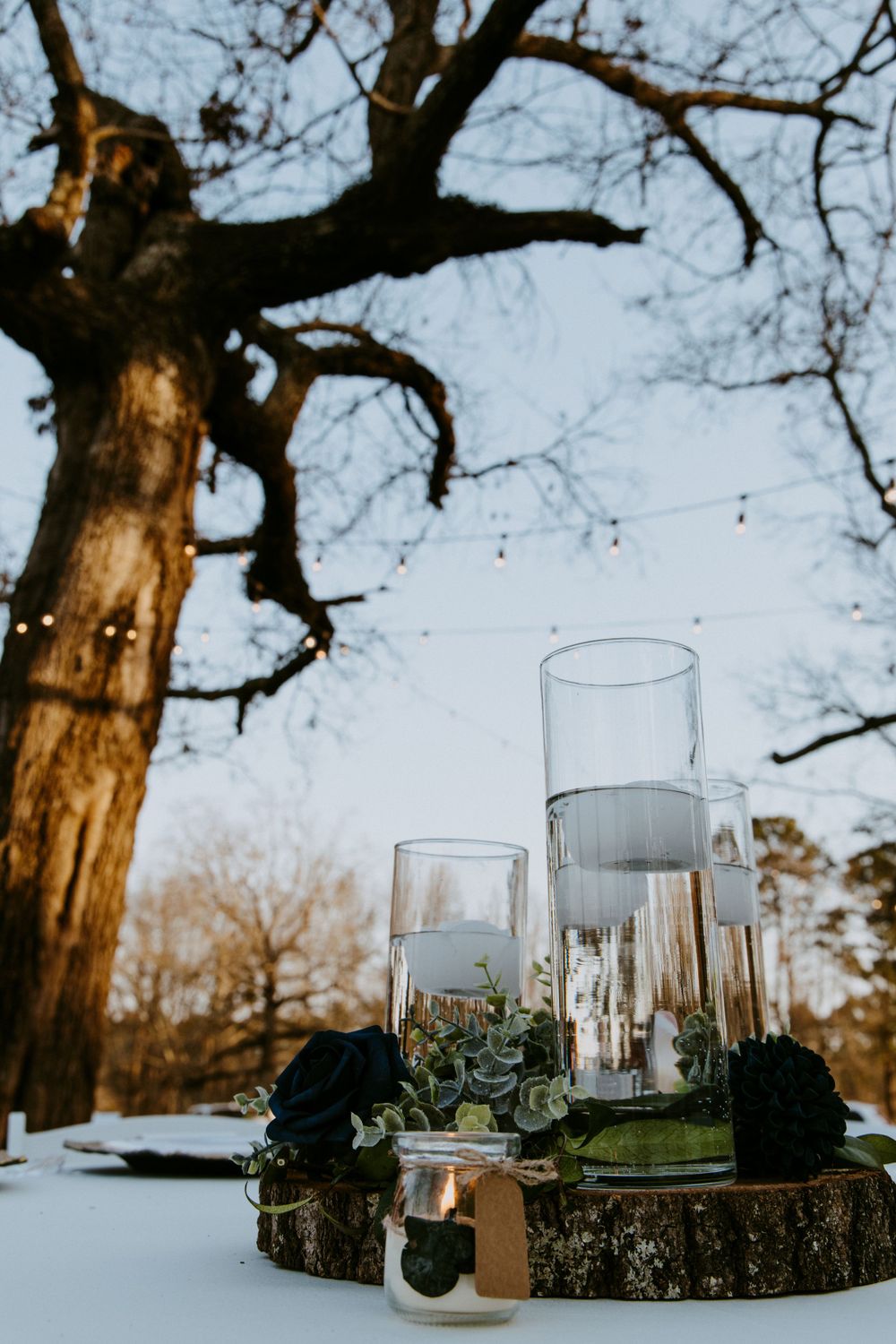 Reception detail photo with rustic outdoor table decor arranged on rustic wood slices under a beautiful and dramatic tree.
