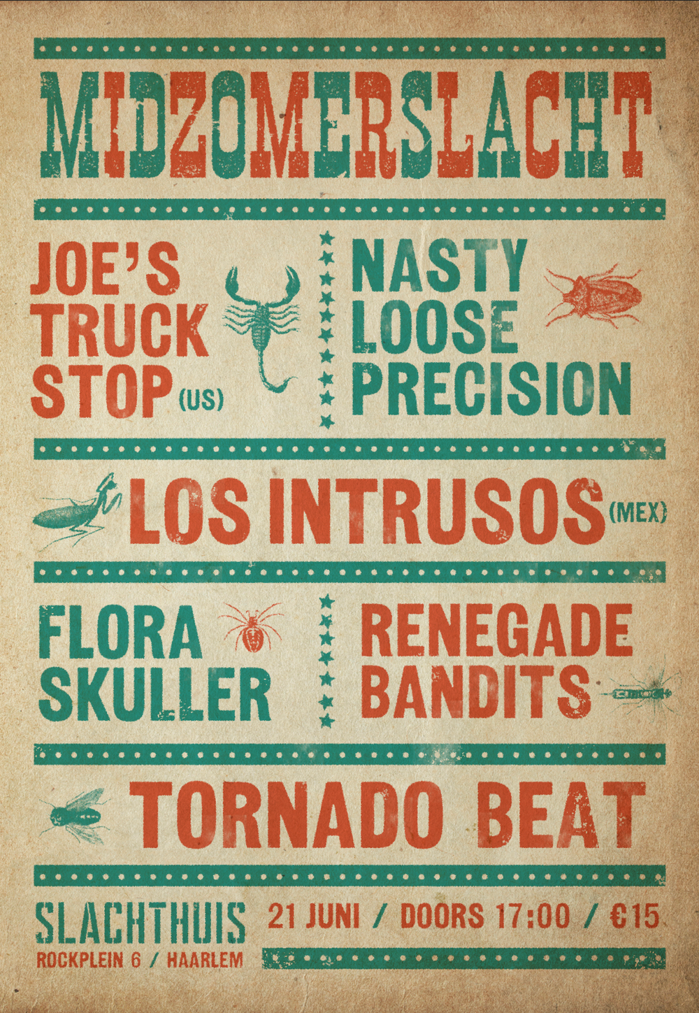Vintage-style concert poster featuring multiple band names in green and orange text.
